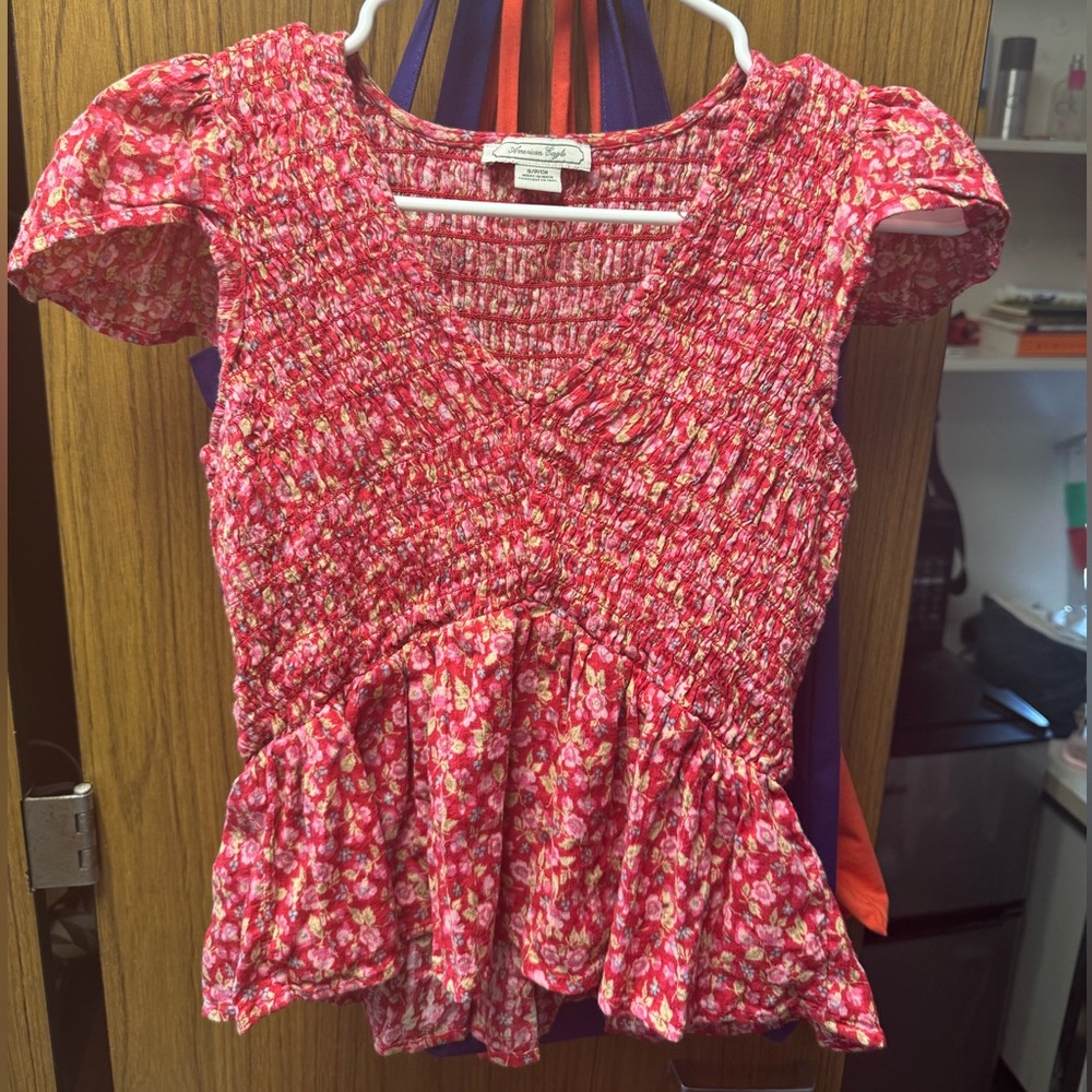 Red Floral Smocked Top